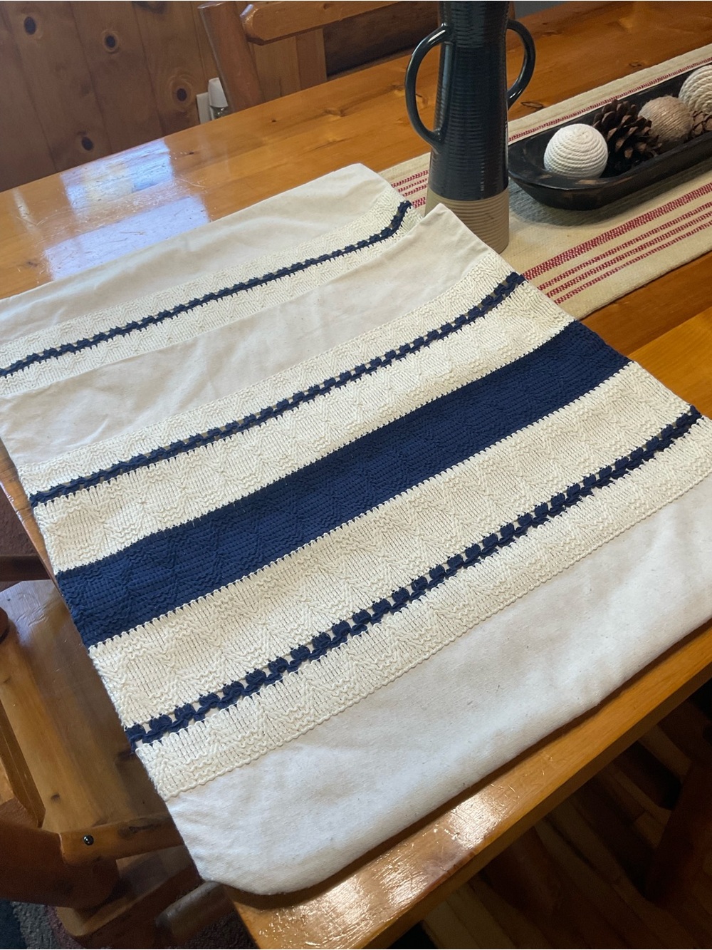 Striped Navy and Cream Woven Textile Throw